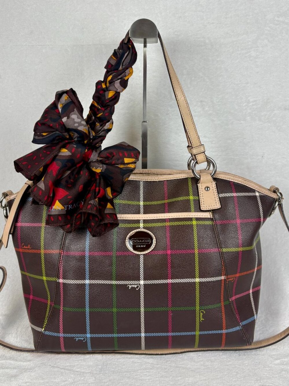 Coach Peyton Tattersall Tote in Brown Plaid Coated Canvas